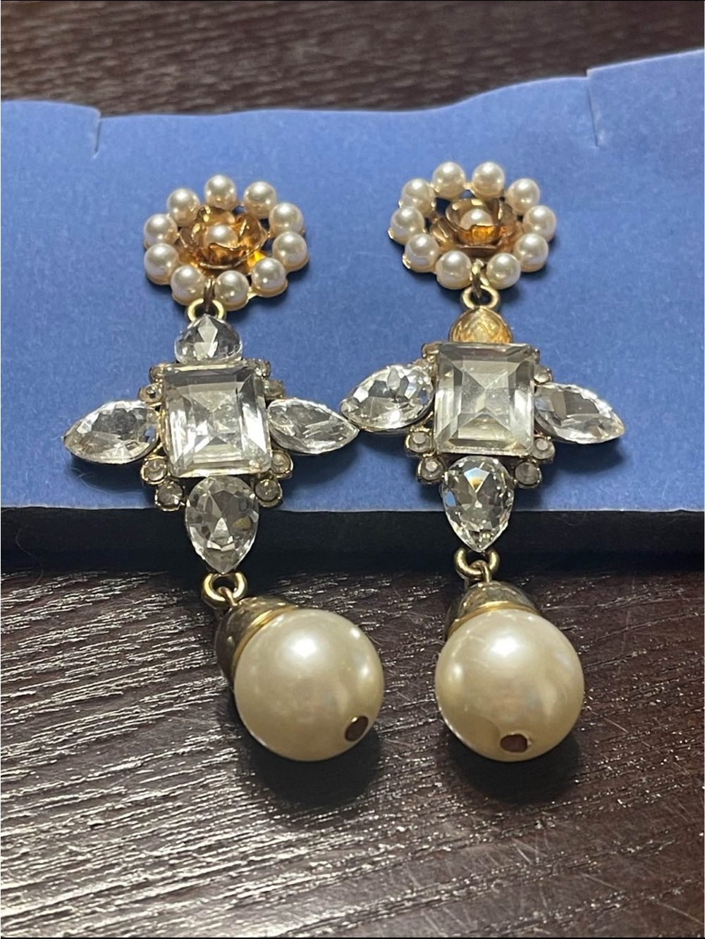 Pearl Drop Crystal Cluster Earrings - Gold Tone